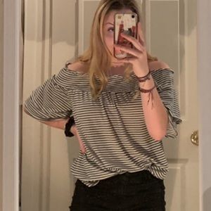 army green striped strapless blouse